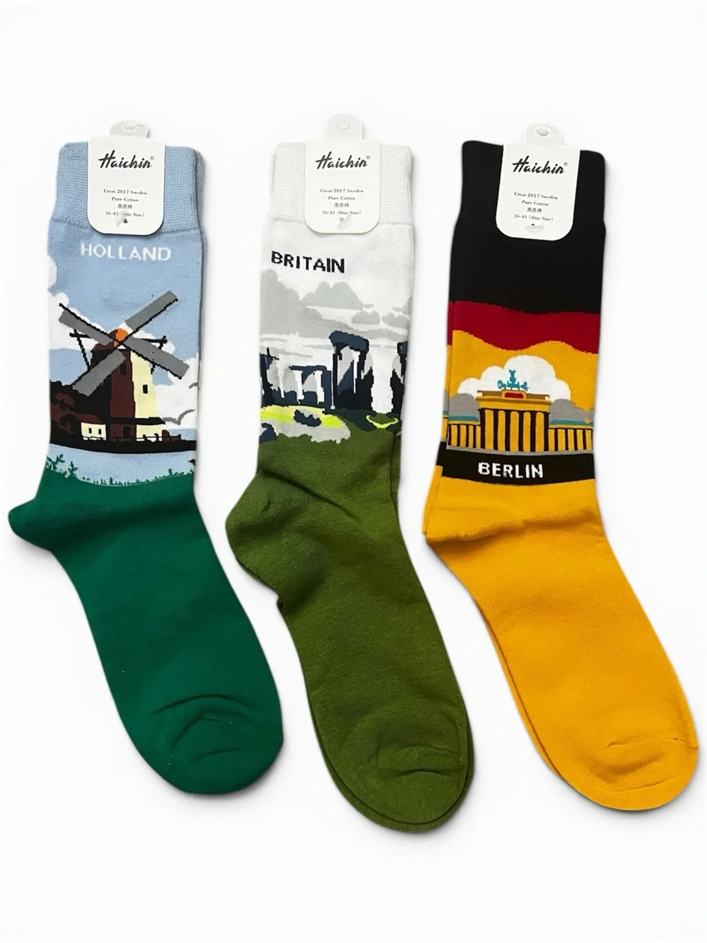 Bundle Of 3 European Landmark Travel Souvenir Crew Socks Holland Berlin Britain